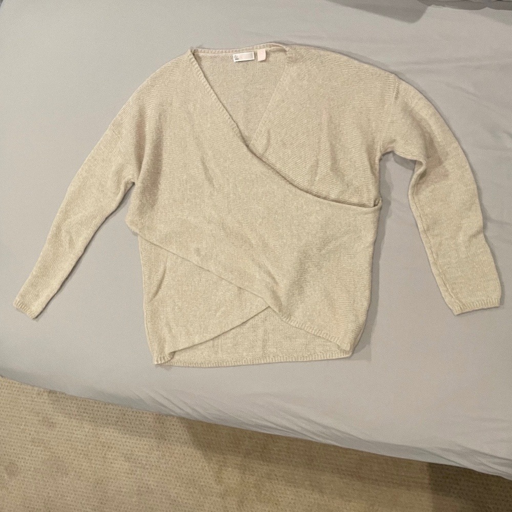 Cream Crossover Faux Wrap Knit Sweater Oversized/Relaxed Fit Medium Chelsea28